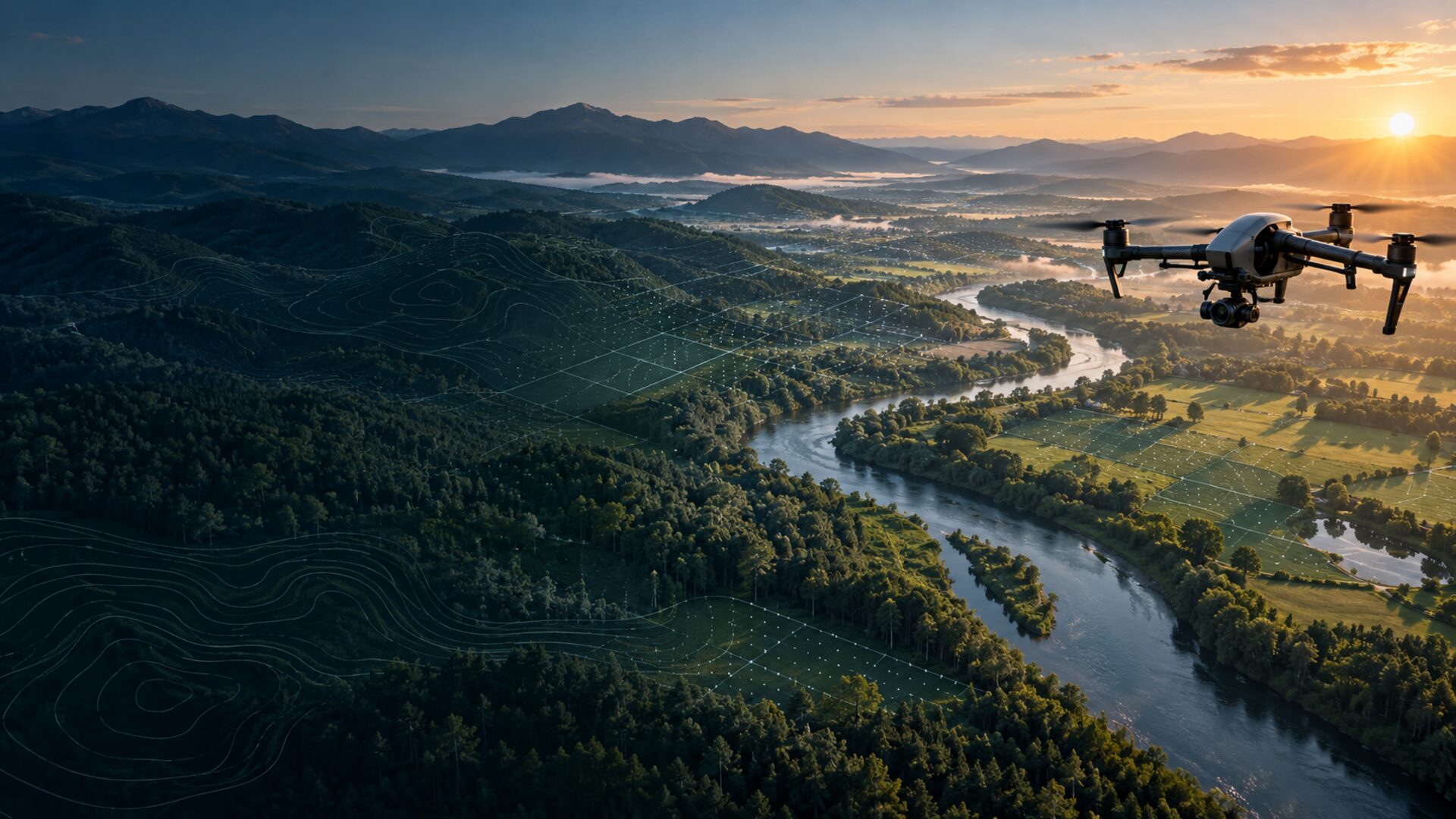 Professional mapping drone flying above a river valley with topographic survey overlays